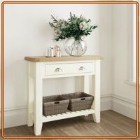TT-CON - White 86cm : Bàn Console Trang Trí + 2 Giỏ Cói Trang Trí ( Trắng + Vàng Gỗ )