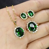 TT Vòng Cổ Ngọc Lục Bảo Tourmaline Màu Xanh Lá Cây Bông Tai Nhẫn Ba Mảnh Pha Lê Màu Xanh Lá Cây Hoa Hướng Dương Phù Hợp Với Gor Phụ Nữ