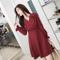 TT054 -  Đầm Đỏ Cổ V Tay Dài V2 Hot