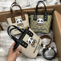 TT301 Giỏ Xách Dáng Làn Viền Nâu Hoạ Tiết gấu trúc siêu xinh cute Hottrend Túi xách dáng đứng size 22 in hình gấu trúc