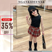 TT392 Set Áo cotton sát nách phối chân váy kẻ caro - NGANKIDS