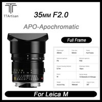 Ttartisan 35mm F2.0 Full Frame MF Mirorrless Camere Lens Wide Apeture Tương thích với Leica M
