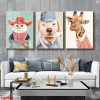 TTK2082- Bộ 3 Tranh Canvas Treo Tường Chú Chó Mèo Hươu Cao Cổ Đáng Yêu Cute Hoạt Hình Cho Bé Baby Nhận Biết Động Vật