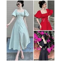 TTO Đầm maxi tay phồng nút bọc nhúm ngực xẻ tà đỏ đen xanh mint đi biển váy midi cổ vuông đũi cao cấp