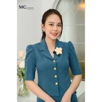[Từ 39-46kg] Áo peplum thiết kế Mcfashion cổ vest cài hoa màu xanh ngọc chất xước hàn cao cấp