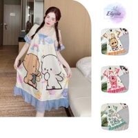 [Từ 40-60kg] Váy ngủ, đầm mặc nhà lụa xước ánh mịn mát, dáng dài, tay ren in họa tiết 2 mặt, DN002