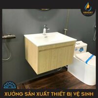 Tủ Chậu Lavabo PVC Lõi Đặc  61x47x40cm Bồn Sứ Âm Phủ Mặt Tủ Màu Gỗ Sáng Handay