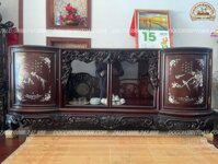 Tủ chè khảm ốc đỏ gỗ gụ mật bệ nèo đục tay