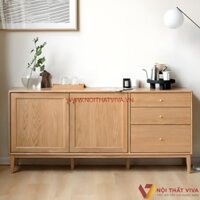 Tủ Để Ly Chén Bằng Gỗ Ghép Phủ Veneer Sồi Tự Nhiên Thiết Kế Chân Cao Bền Bỉ