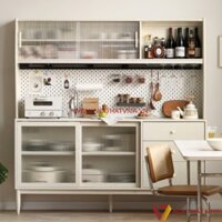 Tủ Đựng Chén Dĩa Gỗ Ghép Phủ Veneer Sồi Tự Nhiên Sơn Màu Trắng Ngà Bền Bỉ