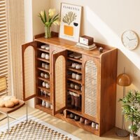 Tủ giày gỗ tre cửa mở giả mây tre đan, kệ đựng giày dép 3,4 cánh thoáng khí chống mối mọt