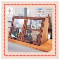 Tủ Gỗ Để Bàn Kính 2 Mặt Đựng Bánh Cà Phê Chén Bát Ly Cốc Phong Cách Retro SS12