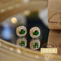 Tự Nhiên Diopside Bông Tai Toàn Thân Kẻ S925 Bông Tai Bạc Ánh Sáng Nhỏ Sang Trọng Thấp Chìa Khóa Trang Sức