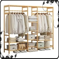 Tủ quần áo bằng gỗ 165x149x35cm  - tủ quần áo gỗ tre nhiều tầng đựng đồ đa năng