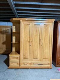 Tủ Quần Áo Gỗ Cao Su Phủ Gõ Đỏ Có Kệ Ngoài