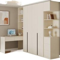 Tủ Quần Áo Kết Hợp Bàn Học Gỗ Công Nghiệp Màu Trắng Hiện Đại Tiện Nghi