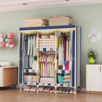 Tủ quần áo móc treo quần áo Tủ vải khung gỗ 3 buồng 6 ngăn tủ đựng quần áo khung gỗ cỡ lớn loại 1