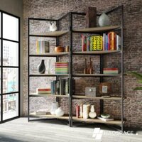 Tủ sách 180x200h cm với kệ hiệu ứng gỗ sồi và cấu trúc chữ V bằng kim loại màu đen-TS004