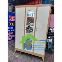 Tủ sắt quần áo 3 cánh ngang 1m2 cao 1m8 màu vàng kem, tủ quần áo sinh viên giá rẻ