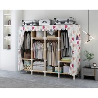 Tủ vải khung gỗ 2 buồng Tủ quần áo lắp ráp, tủ treo quần áo tiện lợi, chất liệu gỗ tự nhiên chắc chắn