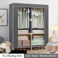 Tủ Vải Khung Gỗ Vuông 2 Buồng Màu Xám 88x45x160CM - Treo Được Đồ Dài - HOÀN TIỀN 100%