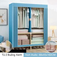 Tủ Vải Khung Gỗ Vuông 2 Buồng Màu Xanh 88x45x160CM - Treo Được Đồ Dài - HOÀN TIỀN 100%