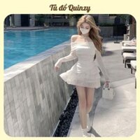 TudoQuinzy Set áo trễ vai rúm eo vạt chéo ôm body mix chân váy ngắn voan 3 tầng có lót quần