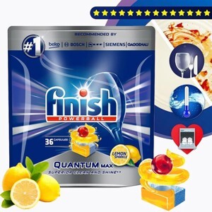 Túi 36 viên rửa chén Finish Quantum Max Dishwasher Tablets Lemon Sparkle QT09446 - hương chanh