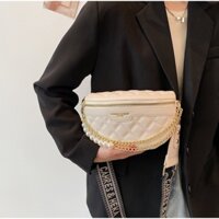 Túi Bao Tử ELUY, Túi Đeo Bụng Cho Nữ Trần Trám Dây Bản To Xích Phối Ngọc Size 24 Kèm Dây Đeo Thổ Cẩm