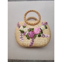 Túi bầu quai mây đi du lịch đi tiệc thêu hoa ruy băng