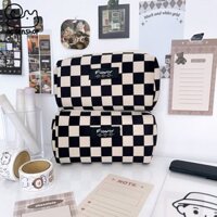 Túi bút vải caro đen Flowers