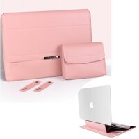 Túi chống sốc bao da laptop dành cho macbook kiêm giá đỡ tản nhiệt kèm ví đựng sạc chuột - HỒNG - Macbook Pro 15