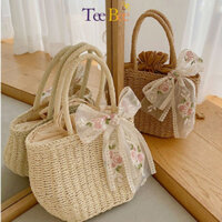 Túi Cói Buộc Nơ Xinh Xắn Hình Bán Nguyệt Dáng Cầm Tay Phong Cách Vintage Tiểu Thư