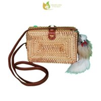 Túi cói chữ nhật kiểu messenger phong cách Boho thanh lịch - Móc khóa hình sóc chuột