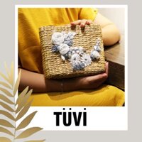 Túi cói đeo chéo thêu hoa ruy băng xám trắng - hình thật shop chụp .