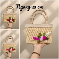 Túi cói lục bình đống thuyền quai giấy thêu hoa ruy băng sang trọng mặc áo dài