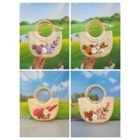 Túi cói lục bình thêu hoa ruy băng - túi xách nữ đi chơi đi tiệc