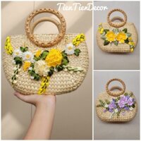 Túi cói thêu hoa ruy băng bầu quai mây mặc chung áo dài