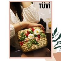 túi cói thêu hoa ruy băng tím - hình thật