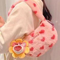Túi dâu tây gấu dâu đeo vai, túi tone dể thương, túi lông gấu dâu túi xách nữ