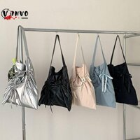 Túi dây rút nơ VINVOUS, Túi đeo vai xếp nếp bằng Nylon phong cách Hàn Quốc, Túi Tote bạc nơ màu trơn dung tích lớn ngọt ngào Du lịch