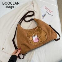 Túi đeo chéo BOOCEAN, Ba lô du lịch dung tích lớn Capybara hoạt hình, Túi đeo vai thêu trà sữa da lộn mềm