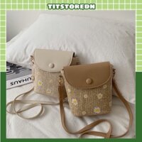 Túi đeo chéo cói phối da hoa daisy (hình thật)