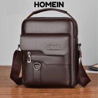Túi đeo chéo du lịch HOMEIN, Túi đeo vai nam công sở dung tích lớn màu trơn, Túi xách có dây kéo bằng da PU chống thấm nước thông thường