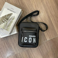 Túi đeo chéo nam nữ mini vải dù bóng đen in hoạ tiết chữ ICON khoá zip bạc cao cấp