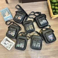 Túi đeo chéo nam nữ mini vải dù bóng đen in hoạ tiết chữ ICON khoá zip bạc cao cấp