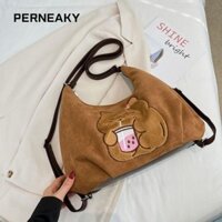 Túi đeo chéo PENEAKY, Ba lô du lịch Capybara hoạt hình trà sữa, Túi đeo vai thêu mềm mại da lộn dung tích lớn dễ thương
