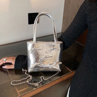 Túi đeo chéo, Túi đeo vai thiết kế nơ nhỏ màu bạc, Túi xách nữ bằng da PU dễ thương