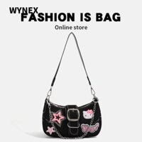 Túi đeo nách ngôi sao WYNEX, Túi đeo vai dây chuyền Hello Kitty màu tương phản, Túi xách nữ dung tích lớn Denim thời trang dành cho nữ bé gái