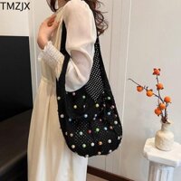 Túi đeo vai đan TMZJX, Túi Tote móc đính cườm màu trơn trang trí, Túi Tote móc Bohemian dung tích lớn cổ điển rỗng Túi xách dệt thông thường đa năng ngoài trời